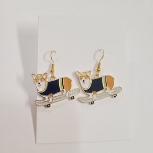 Corgi Skateboard Earrings - Gold and Blue